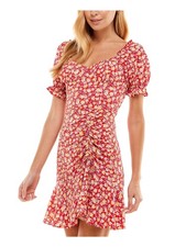 CITY STUDIO Womens Red With Tie Pouf Sleeve Scoop Neck Short Fit + Flare Dress S
