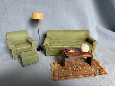 Vintage Strombecker Dollhouse Living Room Walnut Coffee Table Flocked Sofa Lamp