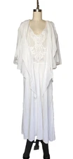 VTG 70s Becky Bisoulis White Cotton Gauze Drop Waist Dress Flutter Angel Sleeves