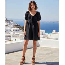 Wild fable Black Puff Sleeve Mini Dress Tie Front Cotton Women’s Size XL
