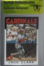 BAS 1986 Topps Jack Clark #350 Beckett Auth Sticker Auto 3c7
