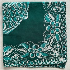VTG Handkerchief Blue-Green Floral Flourish  Fish Oriental Pocket Square 16"