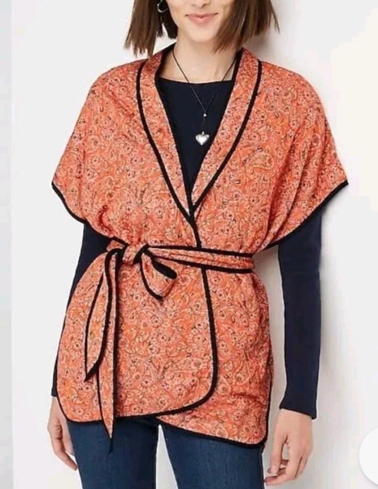 米 J Jill Fall Quilted Ruana Kimono Carefree Orange Paisley Belted