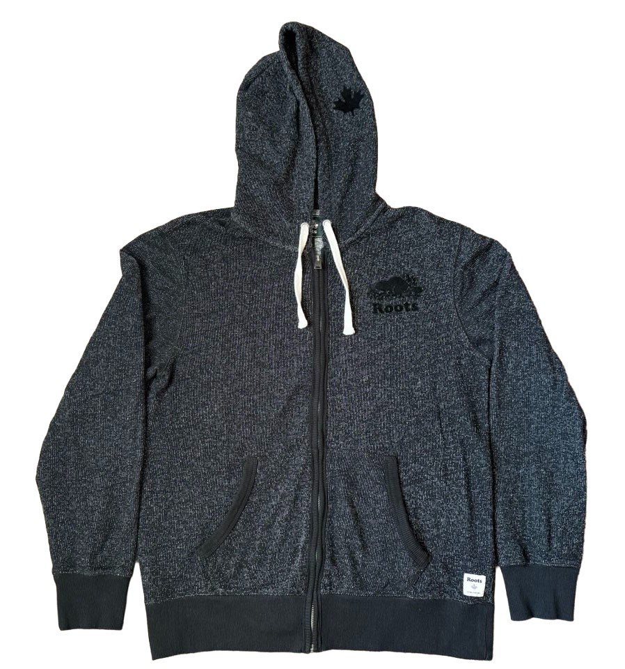 ROOTS M Hoodie Full Zip Black Charcoal Grey Hooded Sweatshirt Logo Sweater