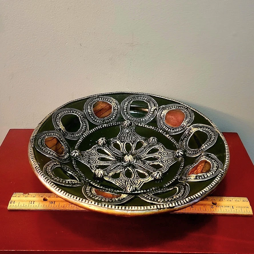 Amazigh Handcrafted Moroccan Metal Overlay Leather Medallion Ceramic Bowl - Image 4 of 4