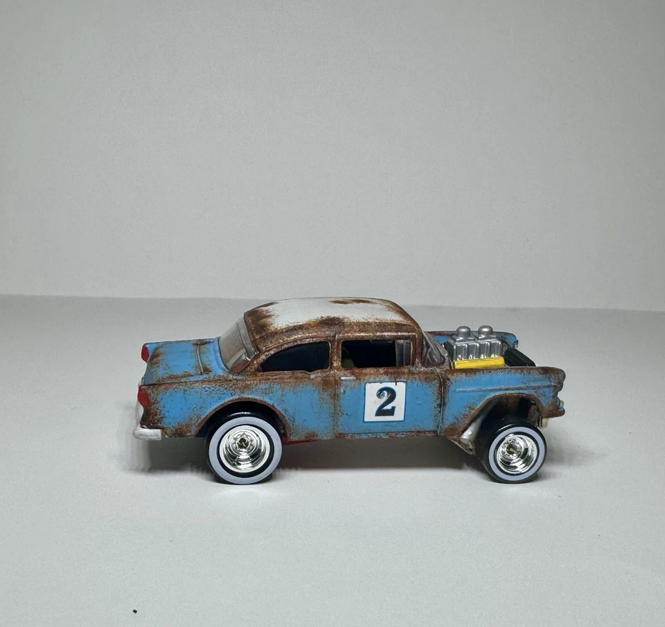 Custom Hand Painted Green Hot Wheels 55 Chevy Gasser Rat Rod W/Real Riders - Image 4 of 4