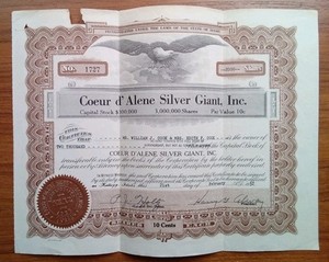 Vintage 1952 Coeur d'Alene Silver Giant Mine ~ Idaho Stock Certificate ~ MINING