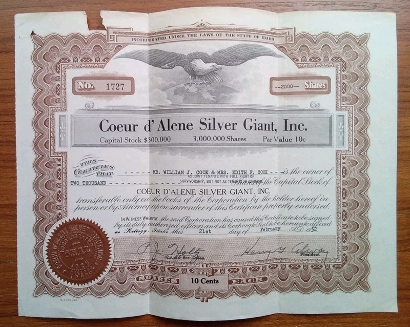 Vintage 1952 Coeur d'Alene Silver Giant Mine ~ Idaho Stock Certificate ~ MINING