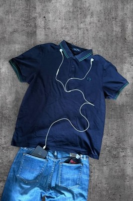Fred Perry Herren Polo L Blau/Grün Kurzarm besticktes Logo Kragen Knopf