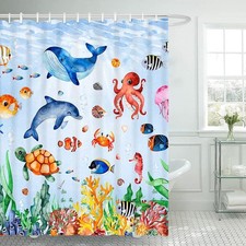Under The Sea Ocean Fish Shower Curtain for Kids Cartoon Tropical Fish Underw...