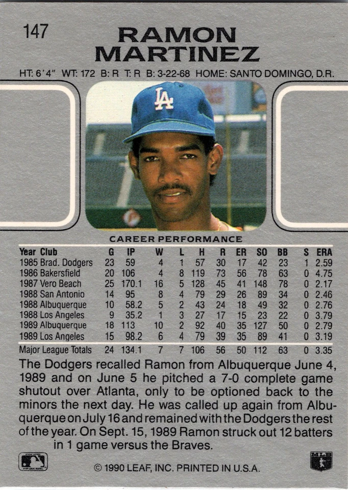 1990 Leaf #147 Ramon Martinez - Image 2 of 2