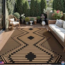 MontVoo 5x8 Waterproof Outdoor Rug - Reversible Plastic Mat, Boho Black & Brown