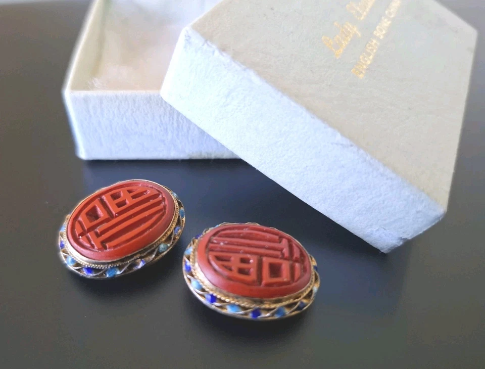 Vintage China Ohrclips Cloisonne Emaille Vergoldet im Etui - Bild 2 von 4