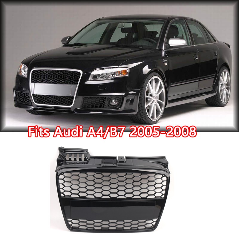 Griglia Frontale Nera Lucida Per Audi A4 B7 (2004-2008) Cabrio - Stile RS-Type A Nido D'Ape, Compatibile Paraurti Standard