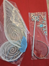 Girls Fairy Costume Wings Accessory Set w/ Tiara Headband  Wand, Blue/White