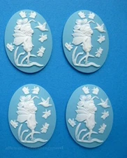 4 Unset Fantasy WHITE FAIRY & HUMMINGBIRD on BABY BLUE  40mm x 30mm Craft CAMEOS
