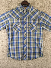 Wrangler Western Pearl Snap Shirt Men's Medium Blue Plaid Chrome Stitching Nice