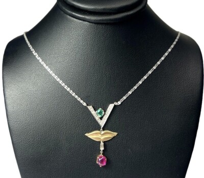 Ausgefallene Halskette 18 Karat Weißgold Smaragd Rubin & Diamant Tropfen 16 Zoll