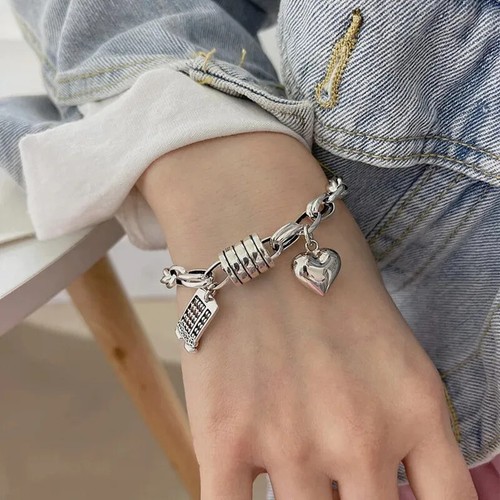 New Vintage Sterling Silver Thick Chain Bracelet Trend Cute Bangle Heart Pendant - Picture 11 of 24