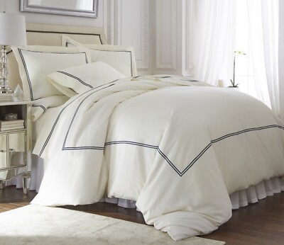 3pc Duvet Cover Bedding Set   Cotton with Double Rows Stitch Embroidery Navy