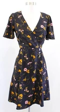 Modcloth Black Floral Print Short Sleeve A Line Faux Wrap Dress Size 0 Orange