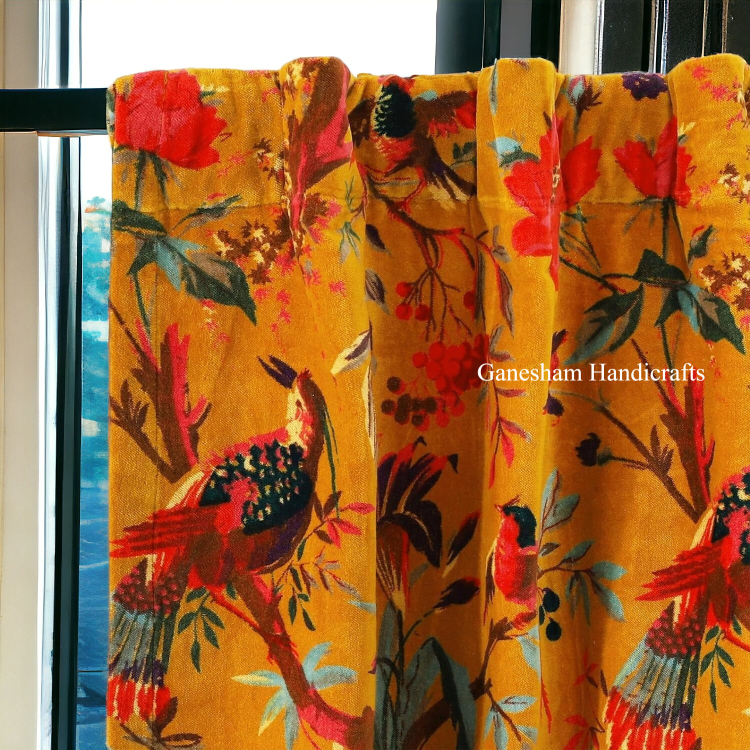 4PC INDIAN VINTAGE COTTON VELVET CURTAIN DRAPE WINDOW DECOR ORANGE DOOR