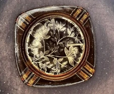 Vtg 1950s Jeannette Glass Louisa Floragold Iridescent Ashtray Coaster Carnival