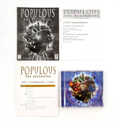 Populous: The Beginning (PC, 1998) w/ Manual, Key & Reference Cards Mint Disc