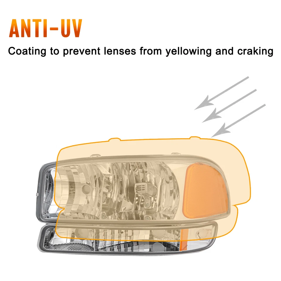 For 1999-2007 GMC Sierra 00-06 Yukon 4Pcs Chrome Headlights+Bumper Signal Lamps - Image 4 of 4