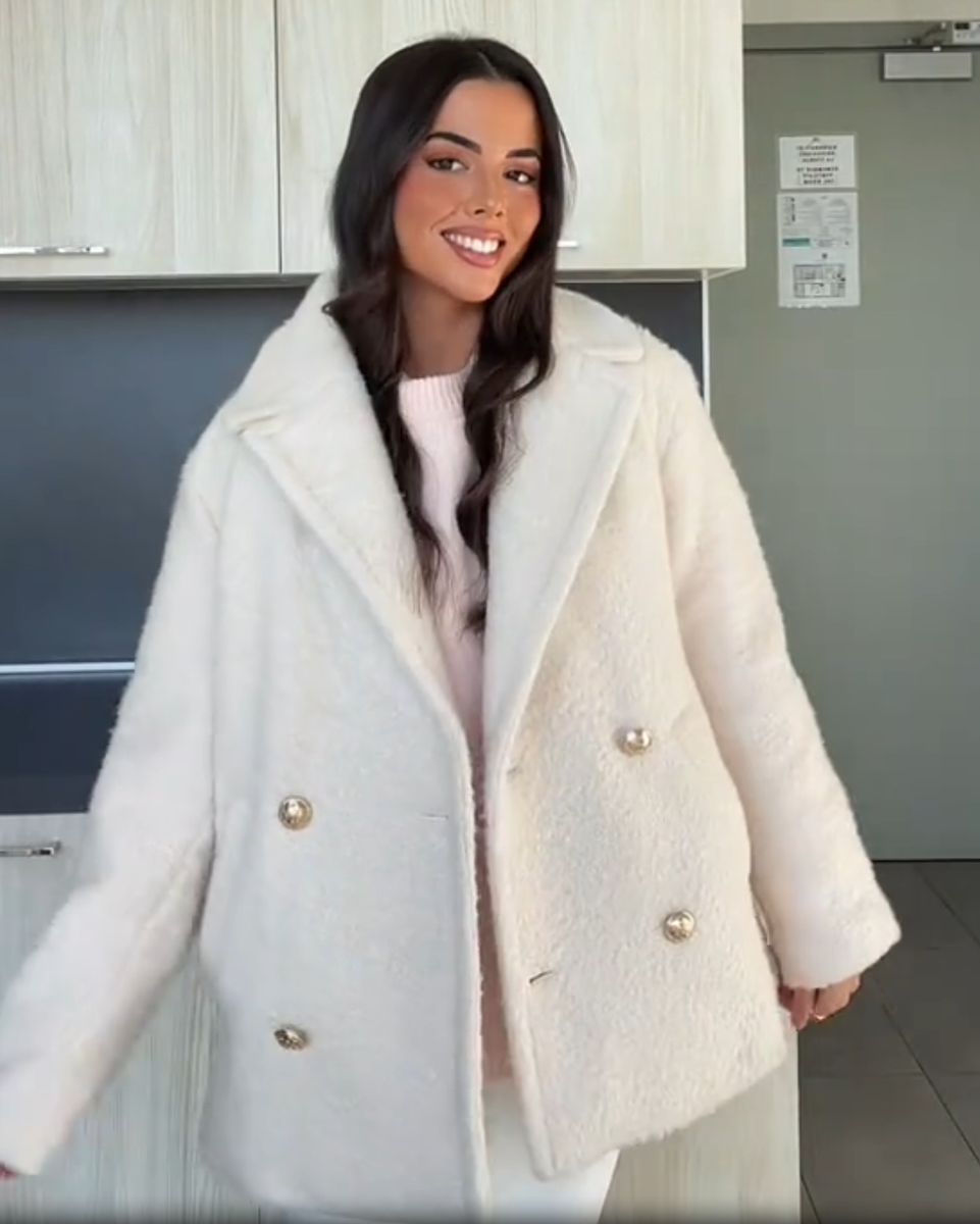 Zara Boucle Double Breasted Textured Coat Ecru White Cream Size XL