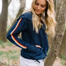 ZYIA Active Navy Blue Rainbow Stripe Hooded Windbreaker Jacket Size Small