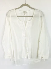 New JOIE L Top Cotton Crepe White Long Sleeve Lightweight Blouse Button Roll Tab