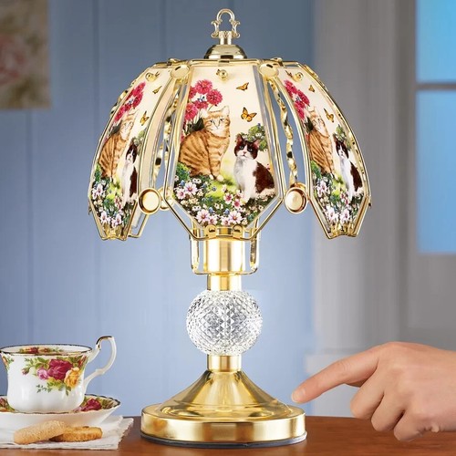 Elegant Colorful Cat Garden Glass Shade Gold-Toned Base Touch Lamp