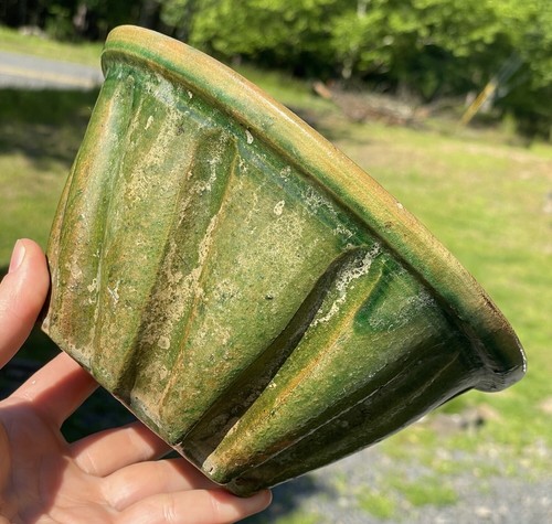 RARE Antique Green Glazed Pudding Mold 19th C. Primitive Kitchen Pottery Yellow - Picture 6 of 19
