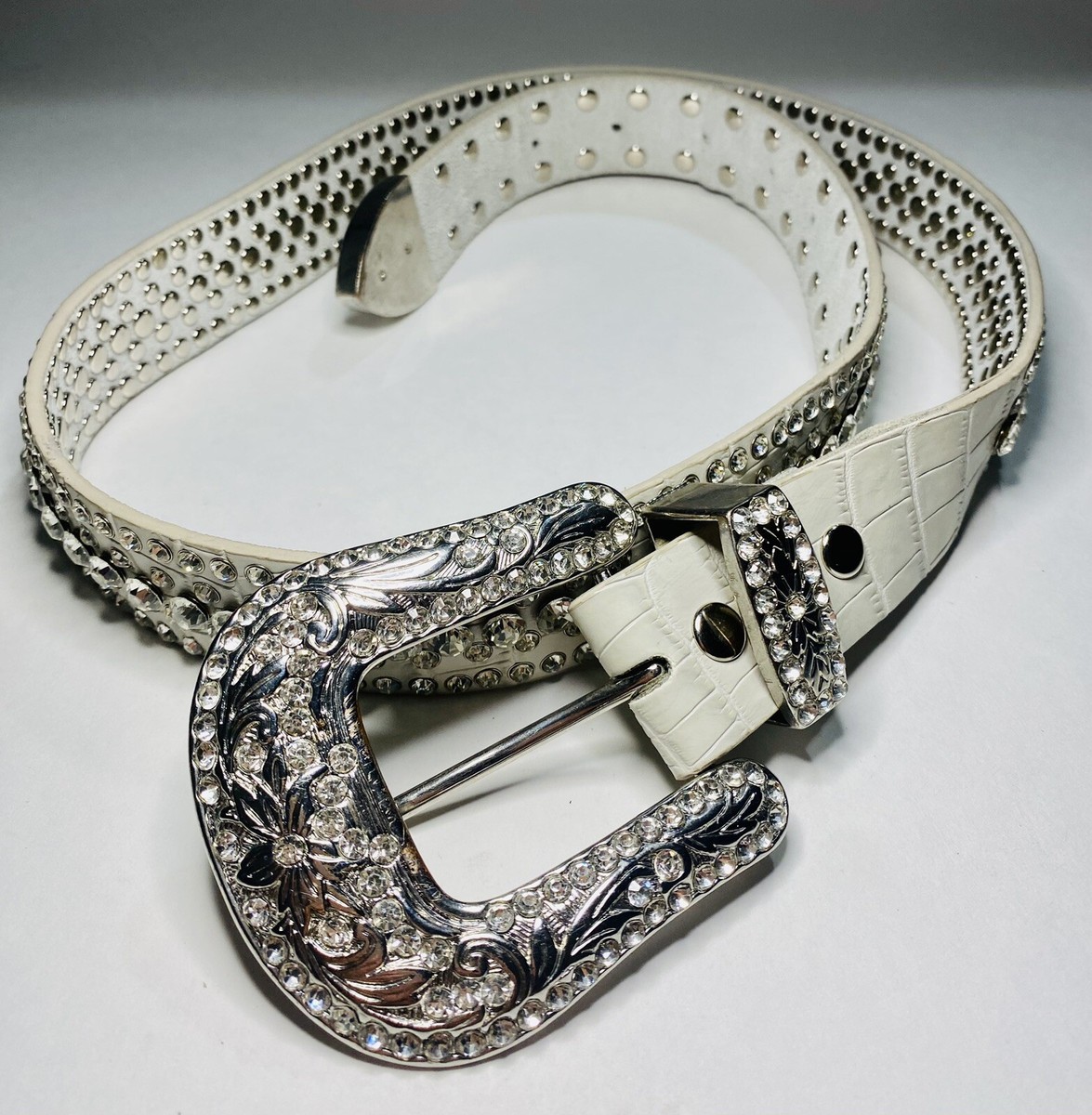 Y2K Rhinestone White Leather Belt Size Large Bling 90's Hip