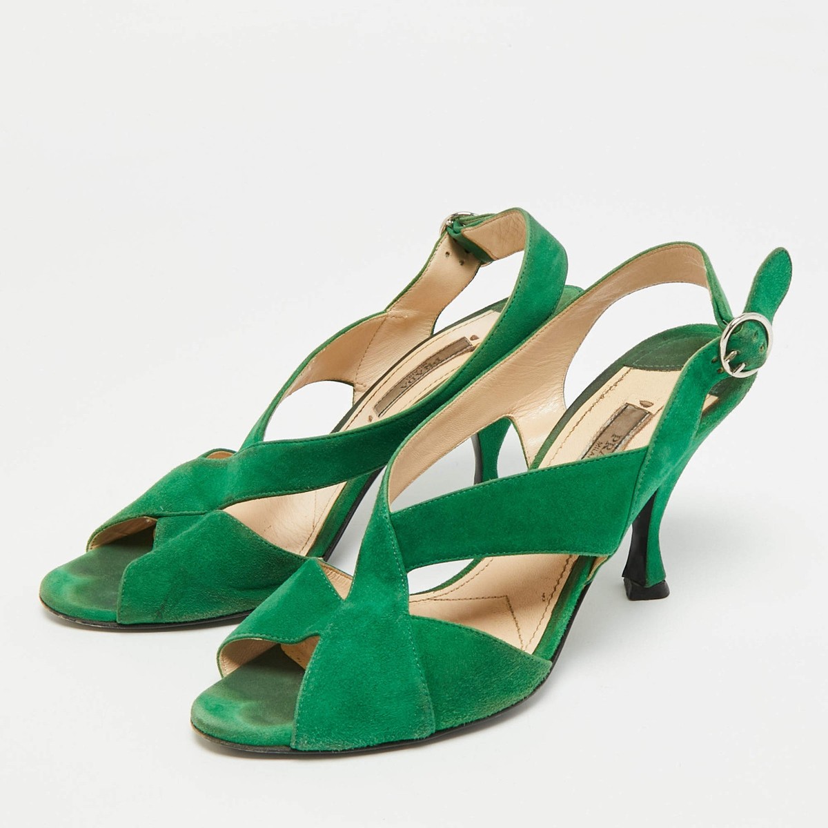 Prada Size 38 Green Suede Criss Cross Open Toe Slingback Sandals