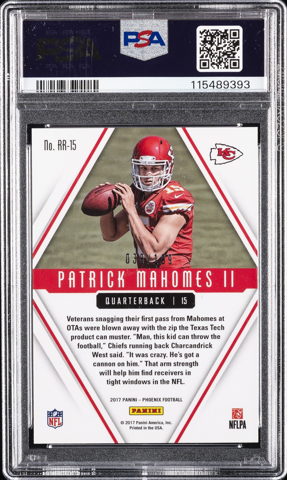 2017 PANINI PHOENIX ROOKIE RISING PINK #RR-15 PATRICK MAHOMES II RC /199 PSA 10 view 2