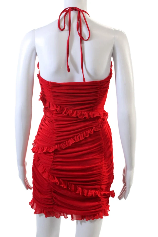 Mini Vestido Majorelle Para Mujer Espalda Abierta Halter Volantes Malla Acanalada Rojo Talla Mediana Foto 3 de 4