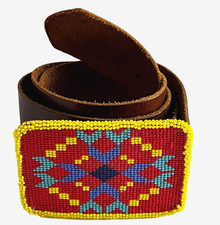 Southwestern Beaded Hand Crafted Belt Buckle Leather Large Red Yellow Turquoise