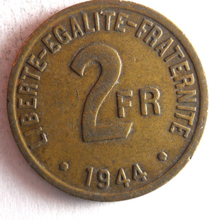 1944 FRANCE 2 FRANCS WAR TIME RARE TYPE High Quality Rare Coin Lot #U6