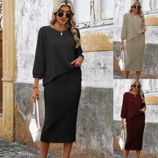 Womens 2pcs Outfit Sweater Skirt Ribbed Loose Lantern Sleeve Top Midi Skirt Sets