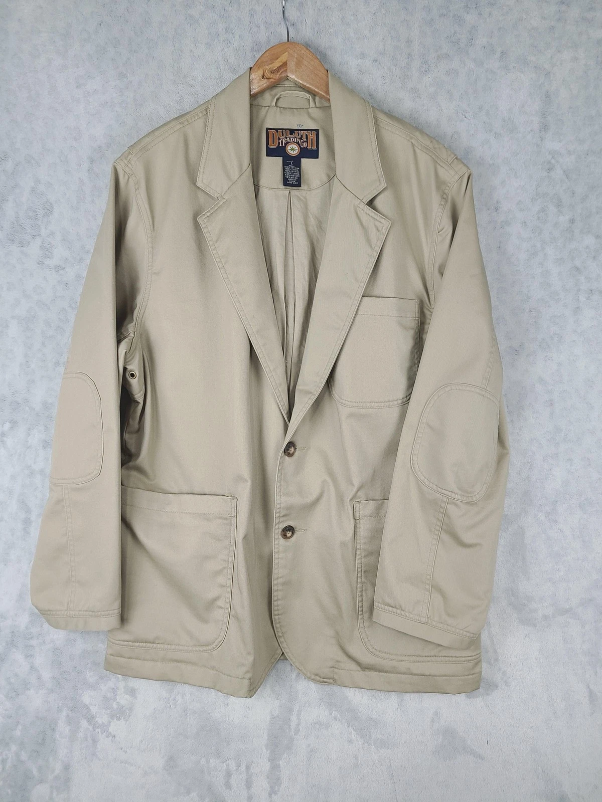 Duluth Trading Co Blazer Mens L Tan Canvas Barn Coat Jacket Elbow Patches