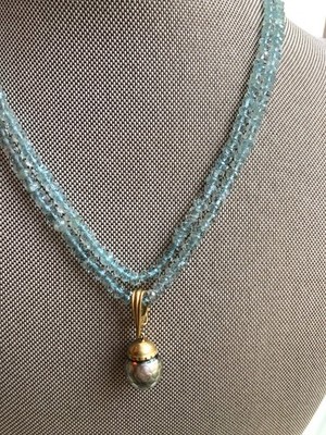18K Gold Aquamarin Perlen Halskette mit facettierten Tahitiperlen Anhänger - 16 1/8''