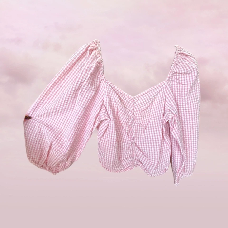 Monki Pink Gingham ruched cropped puff sleeve top - Size 38 / 8 Au / 10 US — 第 4/4 张图片
