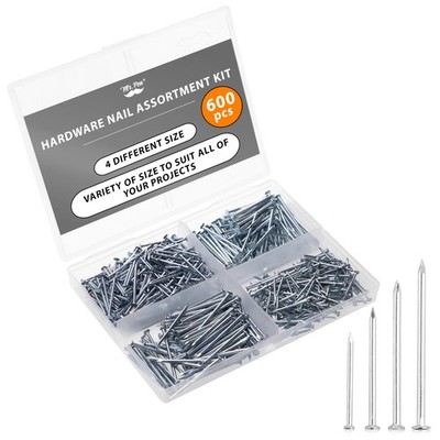 600 Pcs Nail Assortment Kit 4 Sizes Small Silver Hanging Picture Finishing Nails