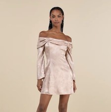 Lulus Truly Yours Blush Satin Jacquard Off-the-Shoulder Mini Dress size M