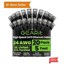 Cat 6 Ethernet Cable Pack - 20-Pack 5 ft Cat6 Ethernet Patch Cables RJ45 Ne...