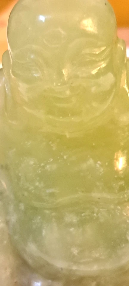 VintageChinese Jadeite Jade Carved Seated Buddha 3.75” x about 3"   Wooden Base. - Image 3 of 4