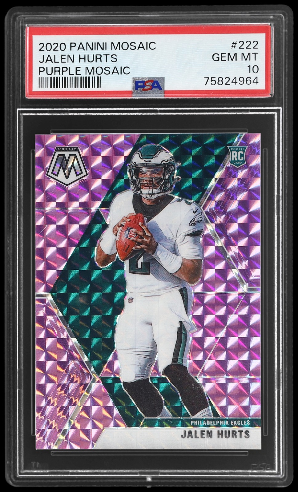 2020 Panini Mosaic Jalen Hurts #222 PSA 10 RC Purple Mosaic 20/49 Football Prizm