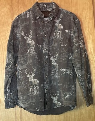 Bluff Creek Outfitters All Over Buck Deer Print Button Shirt Mens M Green Brown